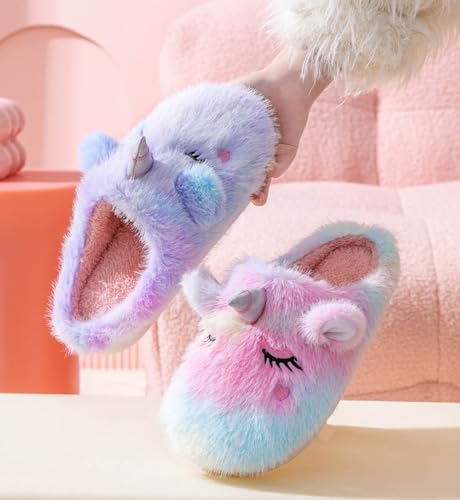 Cute Rainbow Unicorn Slippers for Women,Fluffy Winter Warm Plush Colorful Unicorn Slippers Home Shoes3