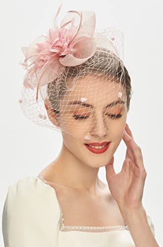 Cizoe Fascinator Hats for Women Tea Party Headband Kentucky Derby Wedding Flower Mesh Veil Fascinator (A-Blush Pink) - Thumbnail 4
