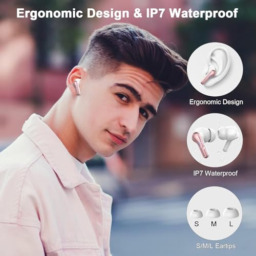 Image of Nerunsa Wireless Earbuds, Bluetooth 5.4 Headphones with 4 ENC Noise Cancelling Mic, 45Hrs Playtime Bluetooth Earphones HiFi Stereo Deep Bass, in Ear Earbuds IP7 Waterproof, Wireless Headphones Pink