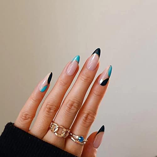 JUSTOTRY 24 Pcs Oval Press on Nails Short, Black Swirl French False Nails Patterns, Trendy Fake Nails Short with Nail Glue, Almond French Stick on Nails for Women, Nails Fake Nail for Nails Art