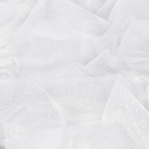 Entisn Glitter Tulle Fabric, 1 Yard x 60 Inch Wide Tulle Bolt White Tulle Netting with Silver Sequin, Soft Sparkly Tulle Fabric Bulk for Bridal Veil Wedding Decoration Tutu Skirt Gift Wrap