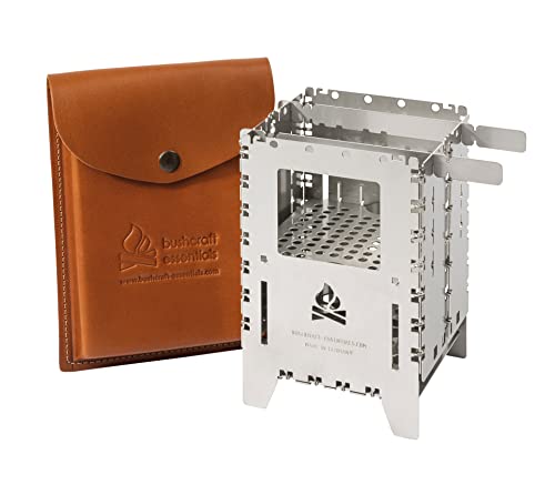 BUSHBOX XL Réchaud d'extérieur | Cuiseur Hobo | Camping | Bois | Gaz | Spiritus | Pliable | Compact | Acier inoxydable | Avec accessoires | Grille universelle XL | Étui en cuir |