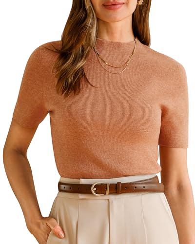 Arach&Cloz Women's 2025 Wool Blend Summer Fall Seamless Short Sleeve Ribbed Knit Tops Mock Neck Lightweight Slim Fit Shirts Work Business Casual Outfits Trendy Sweater Pullover Basic Tees Camel M