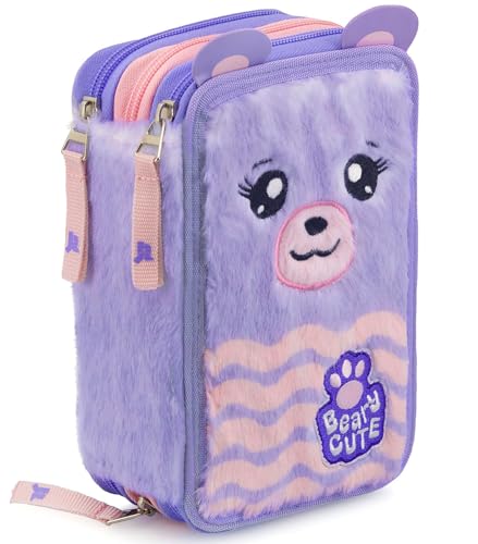 Julian Ross Oso Peluche Fluffy Estuche Triple Relleno para Niñas, 45 Accesorios de Escuela, 3 Cierres de Cremallera, Lápices de Colores, Marcadores, Pegamento, Tijeras