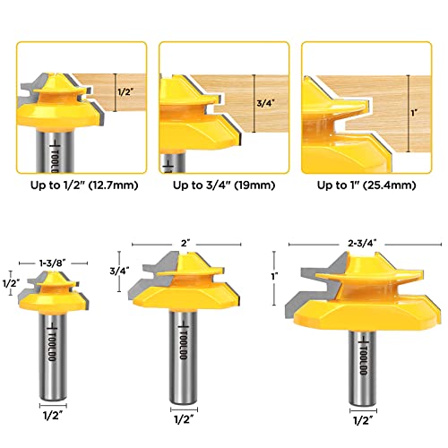 Tooldo 45 Degree Lock Miter Router Bit 1/2 Shank,Lock Miter Woodworking Tools Set (For 1/2", 3/4", 1"Board) #TOP1