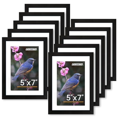 FIXSMITH 5x7 Picture Frame Set of 10 Photo Frame Bulk with HD Plexiglass Display Pictures 4x6 with Mat or 5x7 Without Mat Multi Picture Frames Collage for Tabletop or Wall Display Black