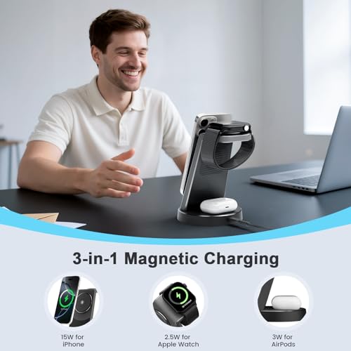 Magnetic Wireless 3in1 Charging Station: 15W Wireless Quick Charger Stand for iPhone 17 16 15 14 13 12 Pro Max for Apple Watch Series for AirPods 4 3 2 Pro Fast Charging Dock (30W Adapter Included)