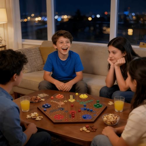Wooden Board Games- -Marble Board Game -Surfacepainting-Double Sided Painted 15inch Fast Track for 6 and 4 Players with 6 Colors 30 Marbles 6 Dice for Kids Friends Family Game Party (Walnut) - Image 4