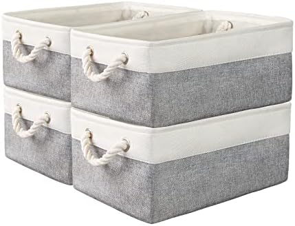 4 Pack Storage Bins & Fabric Storage Basket for Shelves – Decorative Baskets Storage Box Cubes Containers W/Handles for Closet Shelf Nursery Toy, Home, Office, Books,Bathroom (Grey/White 4 Pack)