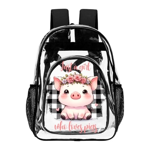 Pig Clear Backpack Heavy Duty for Girls Kids Boys Women Men - Large Cute PVC Pigs Theme Printing Transparent Backpacks for Schools Stadium Concerts Work - Clear/Black