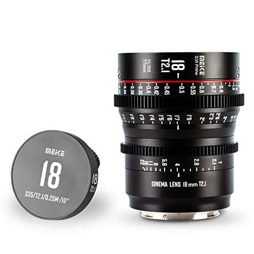 MEKE Obiektyw kinowy z ręcznym ustawianiem ostrości 18 mm T2.1 Super 35 Prime do kamery Cine z mocowaniem EF, kompatybilny z C200 C300 II, RED Komodo, BMPCC 6K, Z CAM E2-S6 BMPCC6K Pro