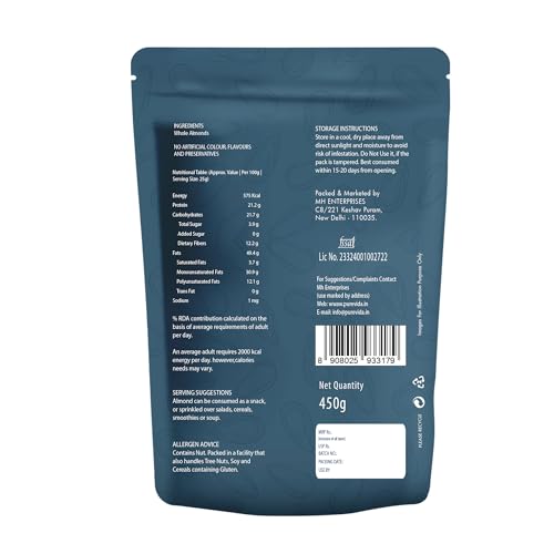 Image of Purevida California Almonds 450gm | Crunchy & Nutrient-Rich | High in Protein, Fiber, Vitamin E & Healthy Fats | Supports Brain & Heart Health | Gluten-Free | Ideal for Snacking, Baking & Cooking