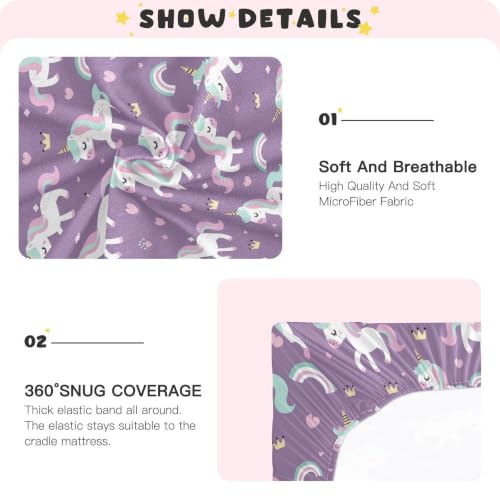 Image of Crib Sheet Breathable Soft Crib Mattress Sheet for Baby Toddler Boys Girls Fitted Crib Sheet Fit Standard Crib Mattress 52 x 28 Inch Purple Unicorns Rainbows