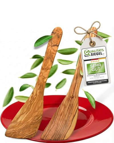 Pfannenwender Holz Set (2 Stck.) - Europäisches Olivenholz - Nachhaltig & Made in Germany - Spatel und Pfannenheber - Pfannenwender Olivenholz, wooden spatula