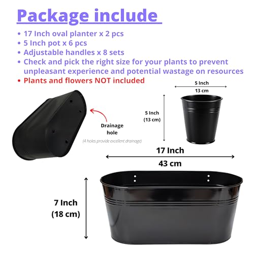 LaLaGreen 17 Inch Rail Planter (8-PIECE COMBO SET) Black Large Metal Hanging Railing Fence Flower Pots, Modern Balcony Gardening for Apartment Garden Style Iron Patio Planters Outdoor Deck Decorations by LáLáGreen - Image 2