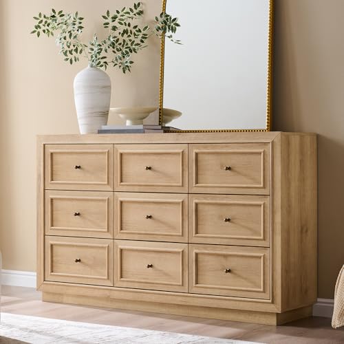 ACCOHOHO 9 Drawer Dresser with Two Included Base Styles, 52" Wide Chest of Drawers, Transitional Modern Closet Dresser with Antique Brass Knobs, Wooden TV Stand for Bedroom, Living Room, Natural Oak