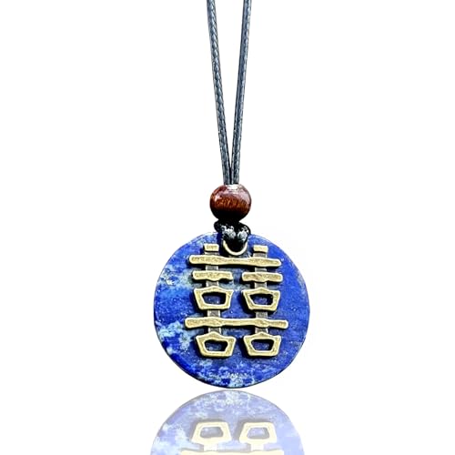 Double Happiness Lapis Lazuli Royal Third Eye and Love Amulet Pendant Necklace - Authentic Sacred Blue Gemstone Crystal - Adjustable Spiritual Talisman for Intuition Powers - Abundance Medallion Gift