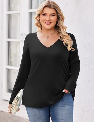 IN'VOLAND Womens Plus Size Long Sleeve Shirts V Neck Basic Tee Tops Loose Fit Fall Outfits for Women 1X-5X4