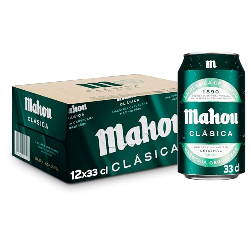 Mahou Clásica, Pack 12 Latas x 33cl, Cerveza Dorada Lager, Auténtica Cerveza Mahou Con Sabor Suave, Refrescante y Con Espuma Consistente, 4.8% Vol. Alcohol
