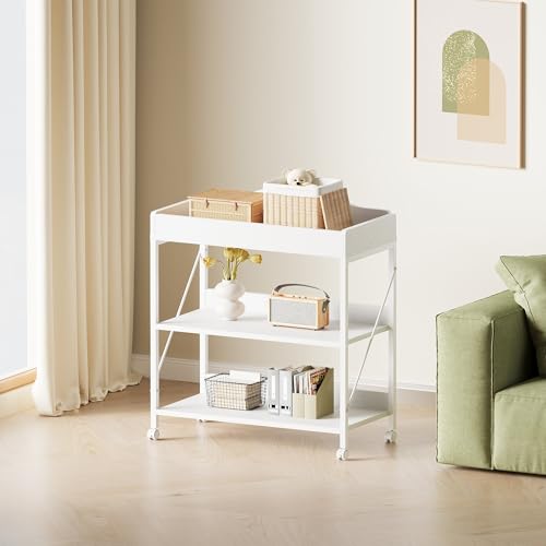 Image of Baby Changing Table, Diaper Station with Pad, 2-Tier Shelves, Mobile, White | Changing Table,Waterproof Diaper pad & Safety Strap, 2-Tier shelves, Mobile wheels