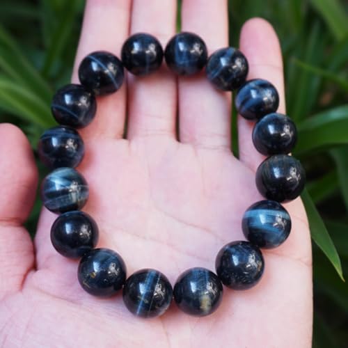 Blue Tigers Eye Mens Bracelet 14MM | Fits for About 8" XLarge Wrist | Natural Solar Plexus Chakra Gemstones | Bring Luck Wealth Courage | Protection from Evil | Gift4