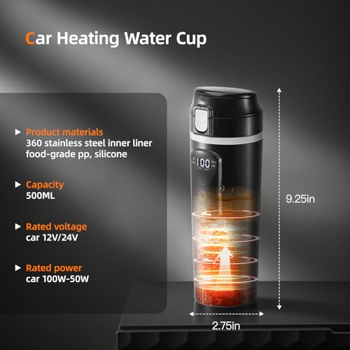 24V/12V Auto Elektrischer Wasserkocher, 500ml Reise Heizbecher mit LCD-Temperaturdisplay – Auslaufsicherer Elektro-Tee-/Kaffeebecher für PKW & LKW, Schnellheizung bis 100°C, 304 Edelstahl
