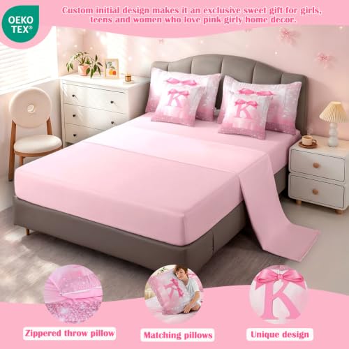 Image of Feelyou Kids Pink Bowknot 7 Pieces Bedding Set King Size, Personalized Initial K Bed in A Bag Princess Glitter Comforter Set with Sheets Boys Girls Bow Alphabet Teens Bed Set Bedroom Decor 7Pcs