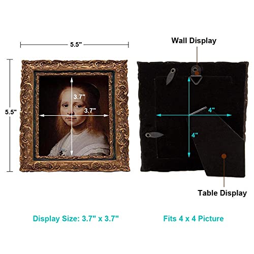 Sylvia's Shop Small Antique 4 X 4 Picture Frame, Mini Vintage Ornate Square Photo Frame, Table Top And Wall Hanging Home Decor, Old Fashioned Photo Gallery Art Deco, Bronze Gold And Navy Blue #TOP2