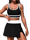 ZRTAK Women's High Waisted Bikini Sets Tummy Control Swim Skirt Two Piece Swim Suit Tummy Control Color Block Bathing Suit (Black, Large)