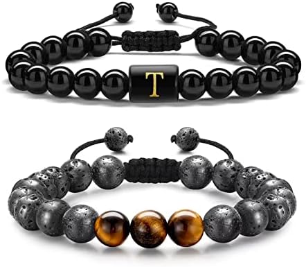 Best Gifts for Men Lava Bracelet, 8mm Tiger Eye Lava Rock Stone Mens Bracelet Stress Relief Beads Adjustable Healing Initial Bracelet for Men Beads Letter Bracelets for Men Boys Retirement Gifts (T)