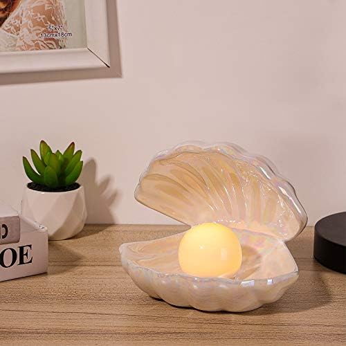Shell Pearl Design Bedside Decorative Lamp Home Decor Lamp Night Light Ceramics Desktop Ornament for Bedroom (White)