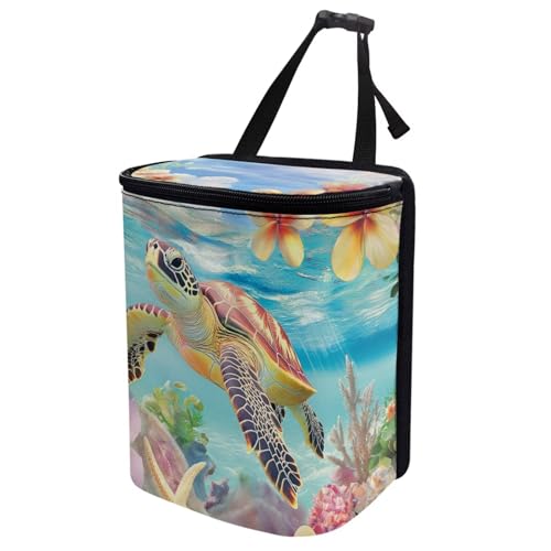 Image of Talayituse Turtle Hibiscus Plumeria Print Car Trash Bin, Large Size Auto Trash Can Adjustable Portable Garbage Can with Lid, Vehicle Hanging Bag for Headrest Front Back Seat