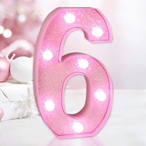 IFDGCTK Pink Glitter LED Marquee Number 6, Cold White Light Decor Lights
