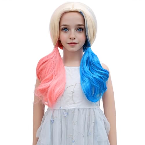 MEDO Pink and Blue Wig Kids Child Wig Short Wavy Curly Clown Girl Synthetic Girls Cosplay Halloween Party Costume (Pink and Blue)