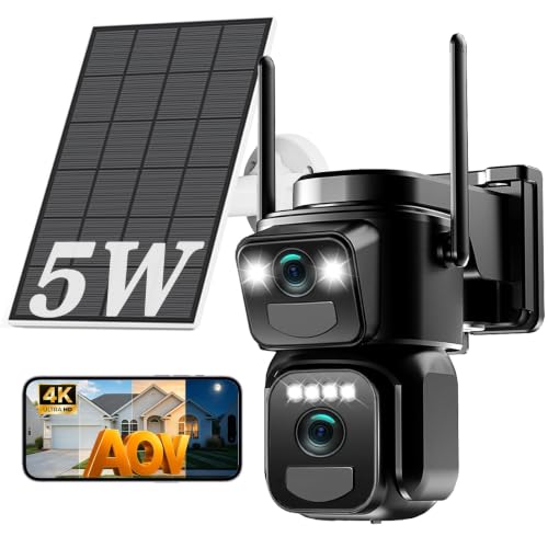 4K Caméra de Surveillance WiFi Extérieure sans Fil,Double Objectif Camera Solaire Extérieur,AOV 24/7 Enregistrement,Vision Nocturne,360° PTZ Sécurité à Domicile,Audio Bidirectionnel,2.4/5G WIFI,IP66