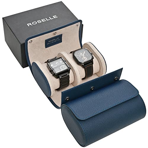 ROSELLE Genuine Leather Watch Roll Travel Case - Watch Roll Case For 2 Watches With Luxury Lining - Protect, Travel,Store, Display Fine Watches (2 slot Blue-Genuine Leather)