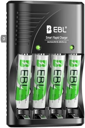EBL AAA Rechargeable Batteries 1100mAh 4-Pack and Smart Battery Charger with AC Wall Plug for AA AAA 9V Ni-MH Ni-CD Rechargeable Batteries