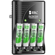 EBL Rechargeable AAA Batteries 4 Packs, Battery Charger with Foldable AC Power Plug for AA AAA 9V Ni-MH Ni-CD Rechargeable Batteries