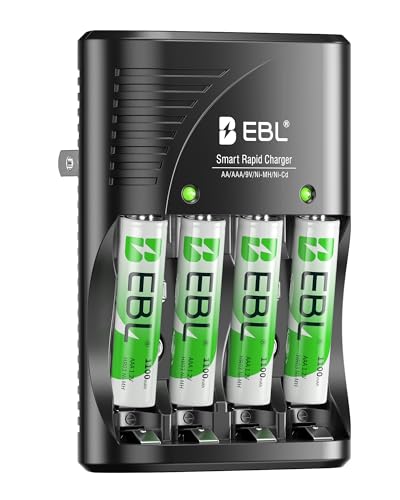 EBL Rechargeable AAA Batteries 4 Packs, Battery Charger with Foldable AC Power Plug for AA AAA 9V Ni-MH Ni-CD Rechargeable Batteries