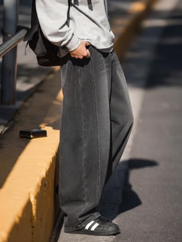 Areant Mens Baggy Hip-Hop Jeans Wide Leg Loose Fit Denim Pants Y2K Vintage Streetwear Skater Jeans with Elastic Waist Gray X-Large — view 3