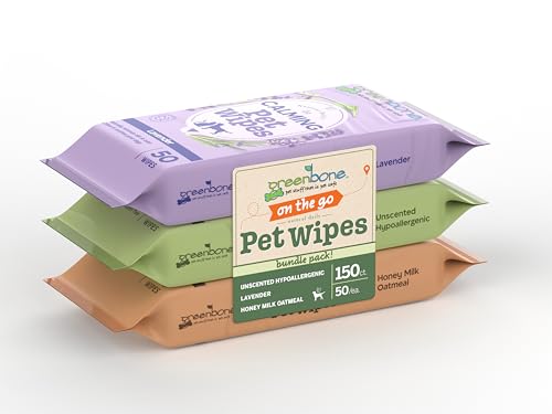 Greenbone On-The-Go Pet Wipes Bundle Pack - 150 Total Wipes (50 Each of Unscented, Lavender, Honey Milk Oatmeal) - Gentle Cleaning for Dogs and Cats