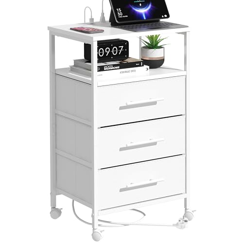 MYGIIVOVO Comodino con base di ricarica, comodino con prese e porte USB, tavolino da salotto, con telaio in metallo e cassetti in tessuto, per camera da letto
