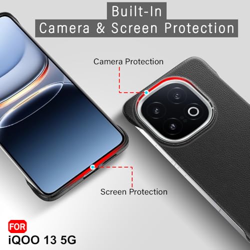 Image of TheGiftKart Hybrid Ultimate Slim Back Case Cover for iQOO 13 5G | Lightweight Profile | Hard Back Case Cover for iQOO 13 5G (PC & TPU, Metal Camera Ring, Leather Texture Finish, Black)