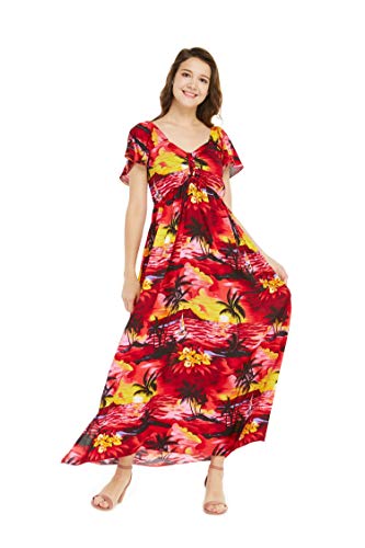 Couple Matching Hawaiian Luau Aloha Shirt Maxi Ruffle Sleeve Dress in Sunset Blue4