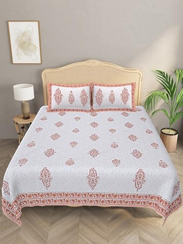 Image of LIVING ROOTS Jaipuri Hand Block Print Queen Cotton Bedsheet 86 * 96 Inches (7.1 * 8 Feet) with 2 Pillow Cover | 140 TC | Rich Fast Colour with No Colour Bleeding (204-B)
