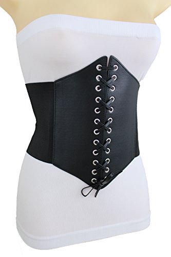 TFJ Espartilho feminino cinto largo cintura alta couro sintético plus size M G GG preto, Preto, One