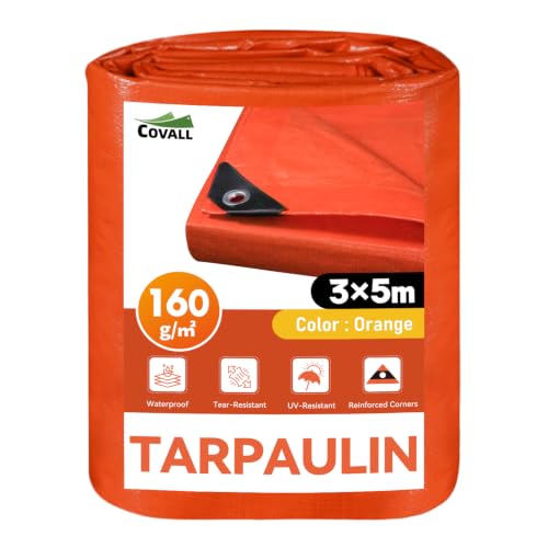 Image of COVALL Orange Tarpaulin 3m x 5m, Waterproof Heavy Duty Tarp 160GSM, UV Protection, Reinforced Eyelets, Tear Resistant, Ground Sheets, Multipurpose Outdoor Garden Trailer Cover