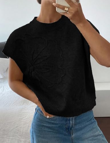Image of 2026 Womens Floral Sweater Vest Cute Cap Sleeve Tops 3D Flower Decor Knit Tank Top Loose Spring Fall Summer Clothes