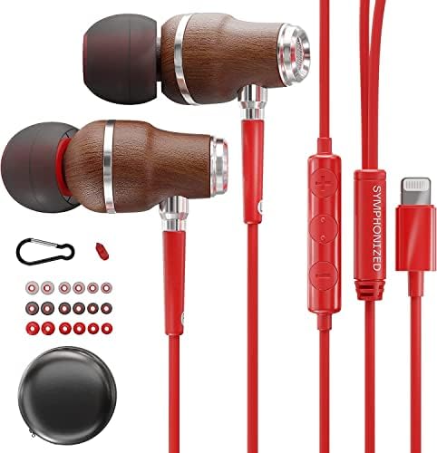 Symphonized Wired Earphones for iPhone with Microphone - Apple Headphones with Lightning Connector - Wood Earbuds with Mic, Noise Isolating Ear Buds Corded for iPhone 14/13/12/11/XS/XR/X/8/7 (Red)