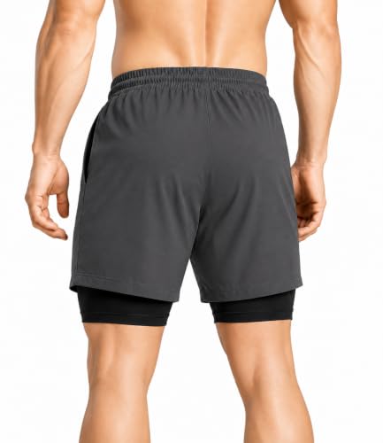 VK FITNESS Men's 2-in-1 Gym Shorts with Compression Liner, Dark Grey, - Image 3